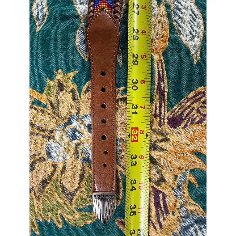 Vintage 90s Aztec southwestern beaded leather belt intricate silver buckle 30